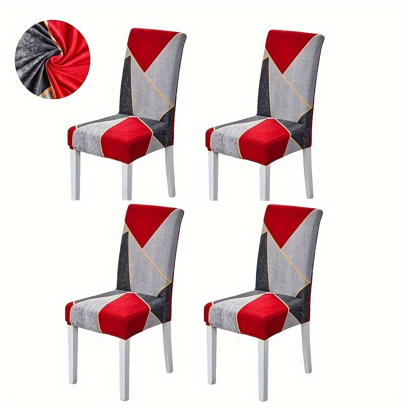 Set of 4/6 elastic dining chair slipcovers with geometric print for home, hotel, restaurant, banquet decor protection.