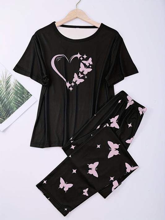 2pcs set: Polyester/Elastane knit pajamas for women. Crew neck top with heart & butterfly pattern, ideal for spring/summer/fall sleepwear.