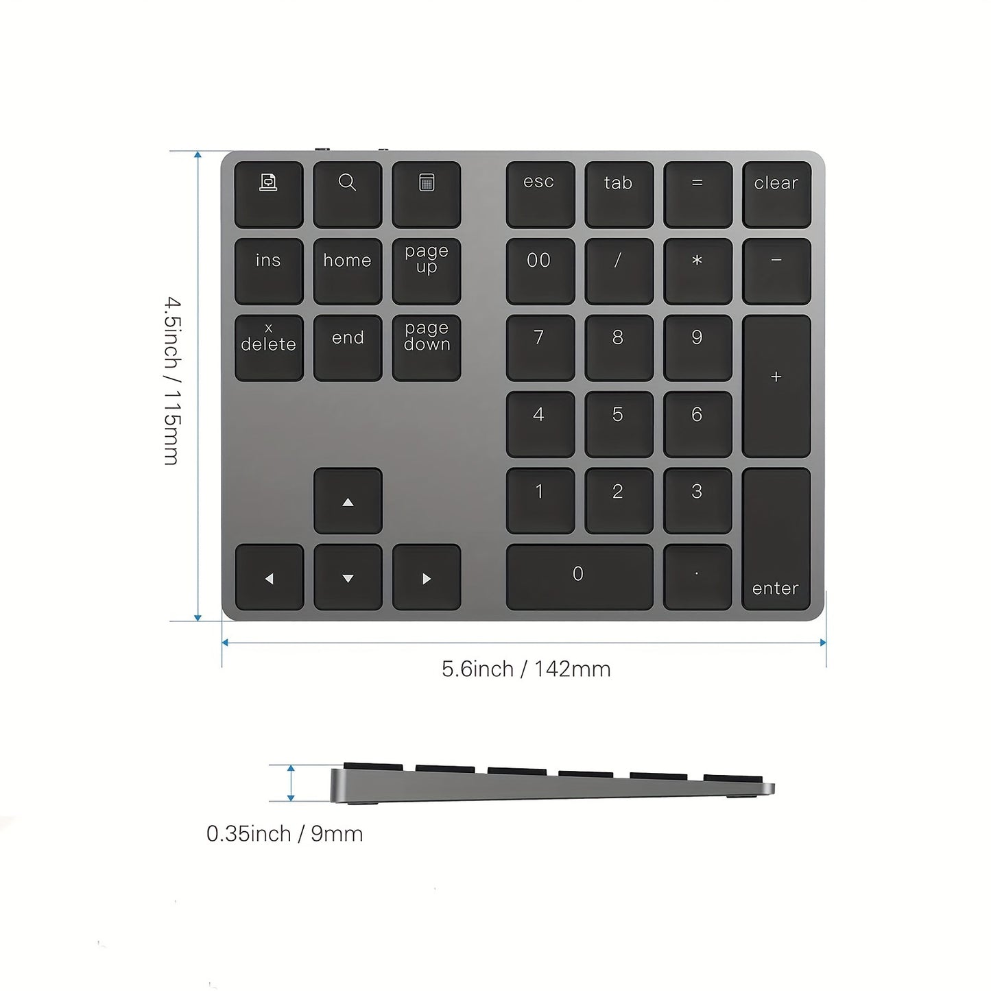 Portable rechargeable wireless digital keyboard with USB charging, 110mAh battery, Type-C charging. Compact design for laptops and mobile devices, black keys, durable keycap material.