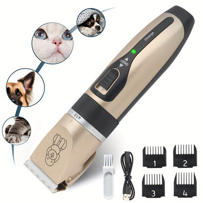 Low noise rechargeable pet trimmer for dogs with limit comb.