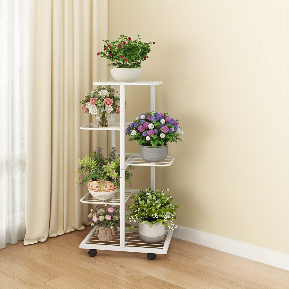 Metal plant stand on wheels with a lacquered finish and plaid pattern, featuring multi-tiered shelves for indoor or outdoor use in living areas and balcony spaces.