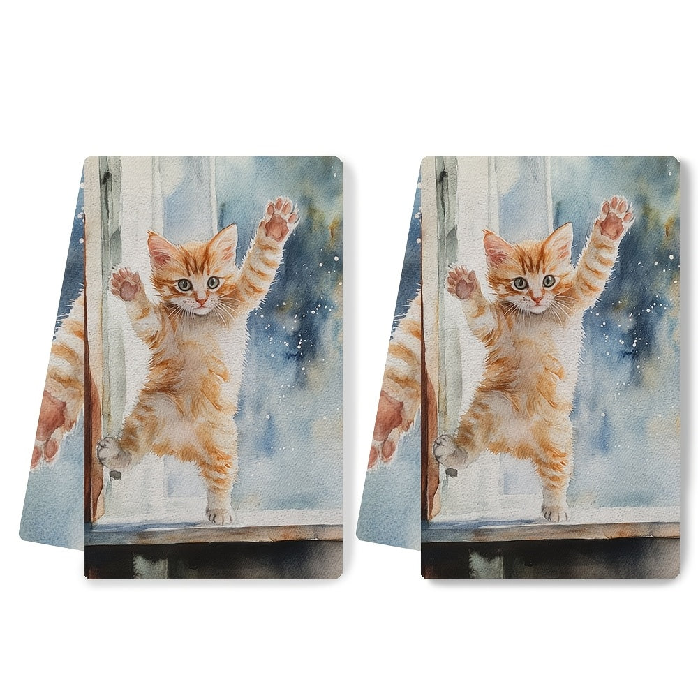 This set includes 2 ultra-soft kitchen towels with a playful kitten jumping onto a windowsill design. These highly absorbent dish towels are great for holiday decoration and can be easily machine washed. Each towel measures 40.64x60.96 cm.