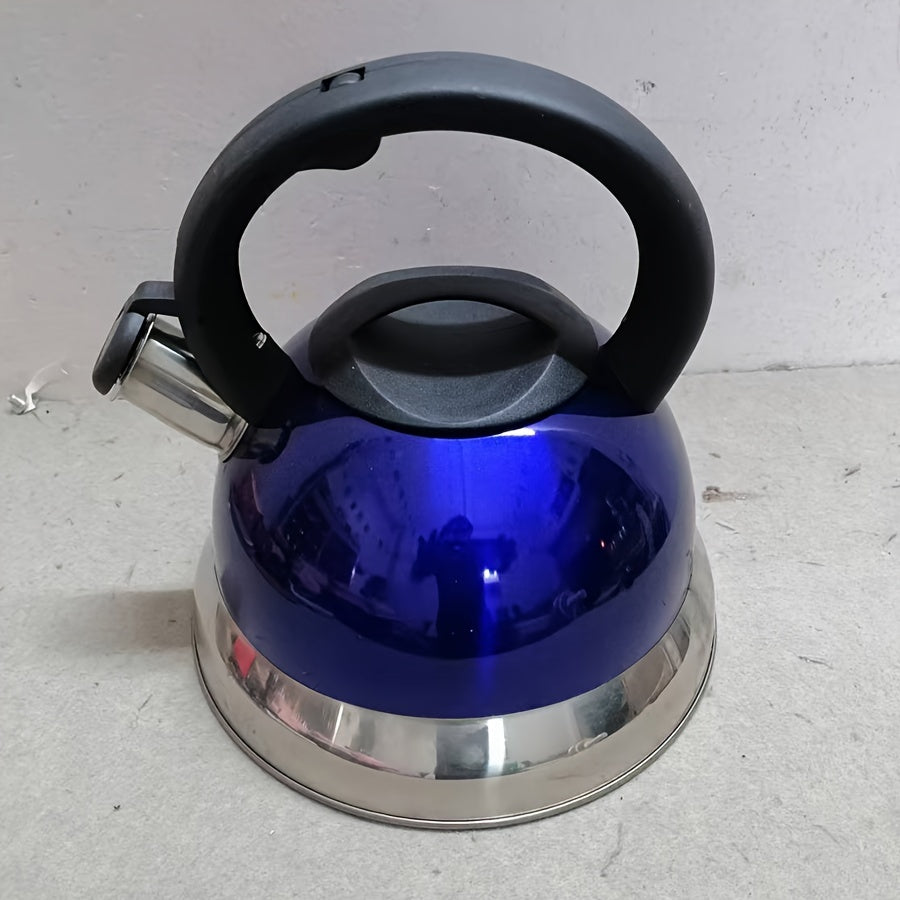 No electricity required: The 1pc Stainless Steel Whistle Kettle 2.5L is compatible with gas, electric, induction, ceramic & halogen stovetops. It features a practical lid and fast boiling capabilities.