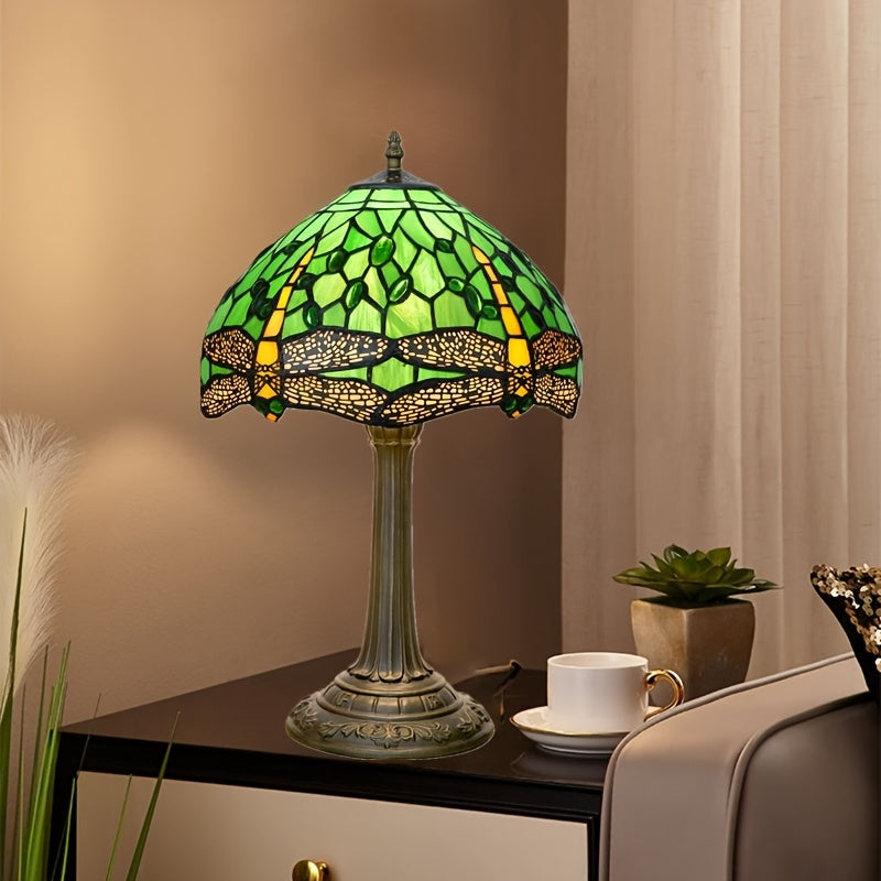 Handmade 12-inch glass desk lamp with green dragonfly pagoda shade and antique metal finish. Includes switch and 220-240V European plug. Perfect cozy bedside table lamp for various rooms in retro European countryside style. A creative gift idea.