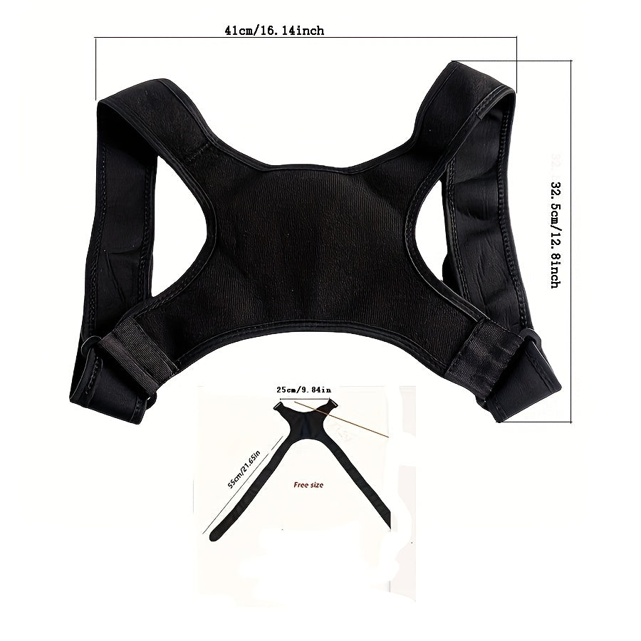 Adult posture corrector back brace in black, made of knit fabric with polyester and kapok blend, hand wash only.