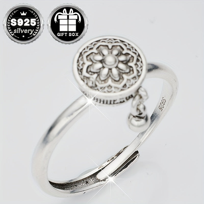 An exquisite jewelry accessory crafted from 925 sterling silver, this unique six-character mantra lotus good luck ring features free rotation. Weighting approximately 3.2g, it is sure to bring luck and charm to your style.