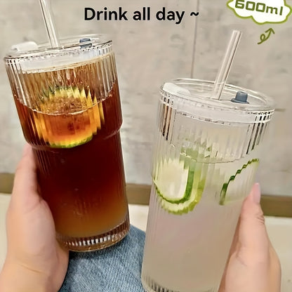 Large striped glass cup with lid for cold drinks, juice, and coffee. Insulated and reusable, perfect for home, office, and gatherings.