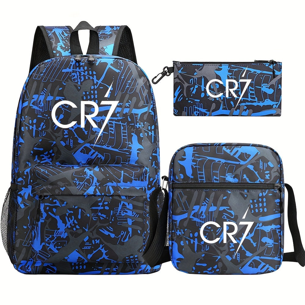 CR7-inspired men's backpack set includes 3 pieces: backpack, crossbody pouch, and pen case. Lightweight and spacious, perfect for school or commuting. Made of durable polyester, hand