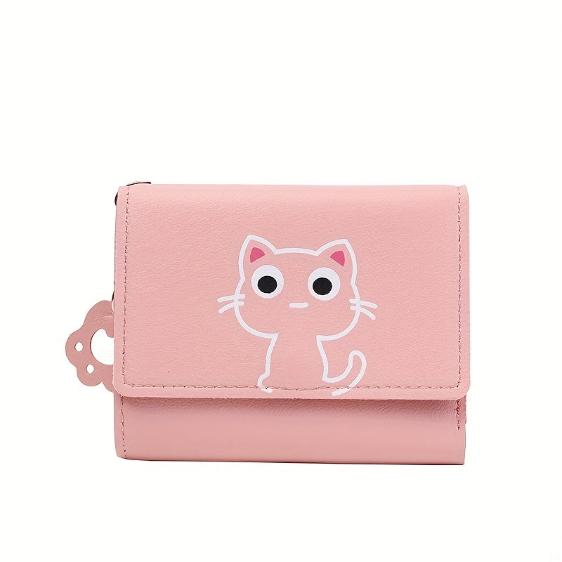 1pc Adorable Pink Cat Cartoon Tri-Fold Wallet for Women with Keychain, Coin Purse, Card Slots, and Snap Closure.