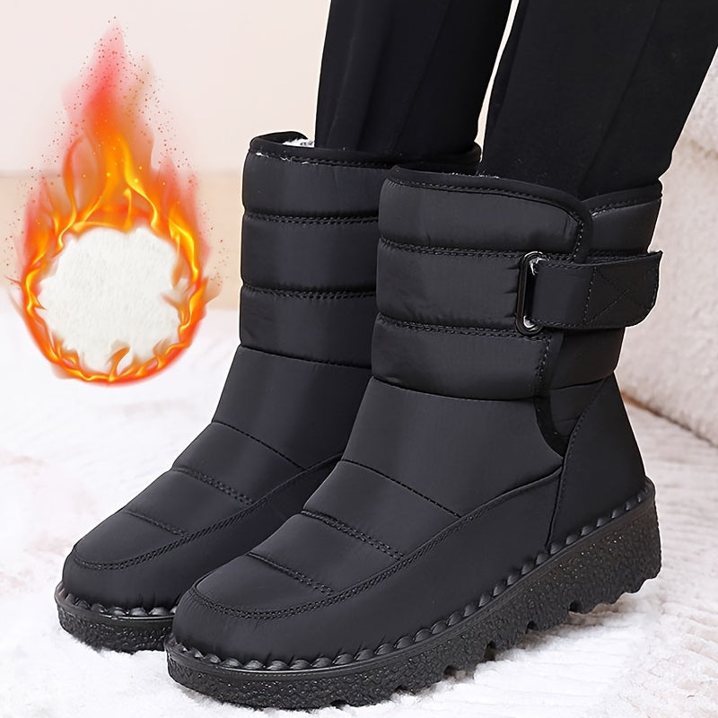 Women's mid-heel snow boots, sizes 36-43, round toe fabric upper, water-resistant PU sole, hook-and-loop closure, all-season winter footwear.