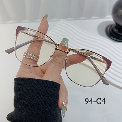 Women's fashion cat eye blue light blocking glasses with metal frame, oval shape, chic design, non-prescription, includes shell case, universal fit.