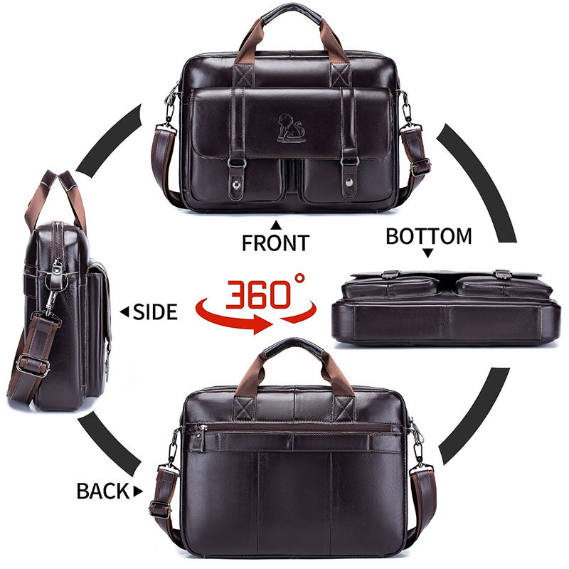 Brown leather briefcase with multiple compartments, adjustable shoulder strap, suitable for travel and professional activities.