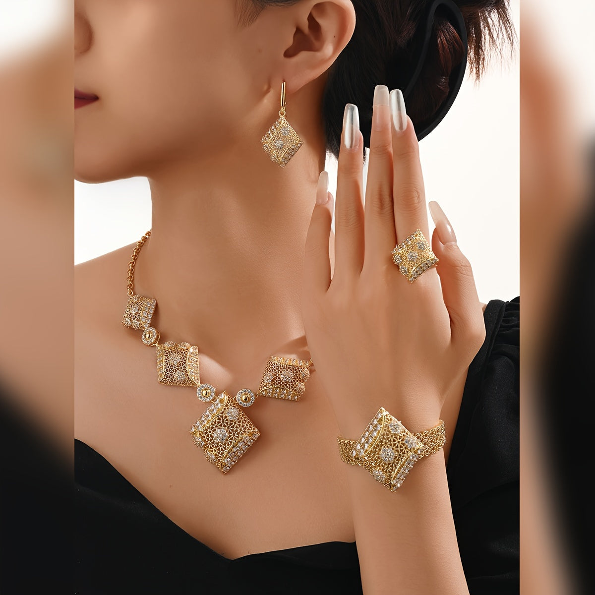 Indulge in Opulence with the MEIZ Luxury Bohemian Jewelry Set - 18K Golden Plated Copper adorned with Natural Zirconia Stones. Perfect for Daily Wear or Special Gifts for Women, this versatile Earrings, Necklace, and Ring Set is inspired by a Holiday