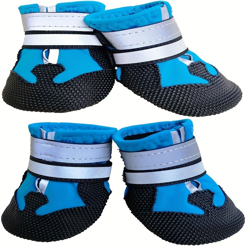 4 waterproof dog boots with reflective straps keep your dog's paws safe and dry.