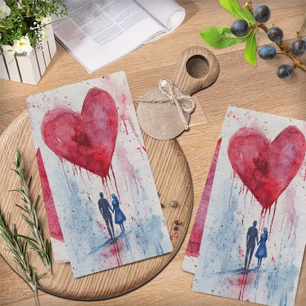 Get cozy with this set of 2 Romantic Valentine's Love Kitchen Towels, made from ultra soft and highly absorbent polyester. Measuring 40.64x60.96 cm, these dish hand towels feature a watercolor heart and couple design perfect for holiday decor. Machine