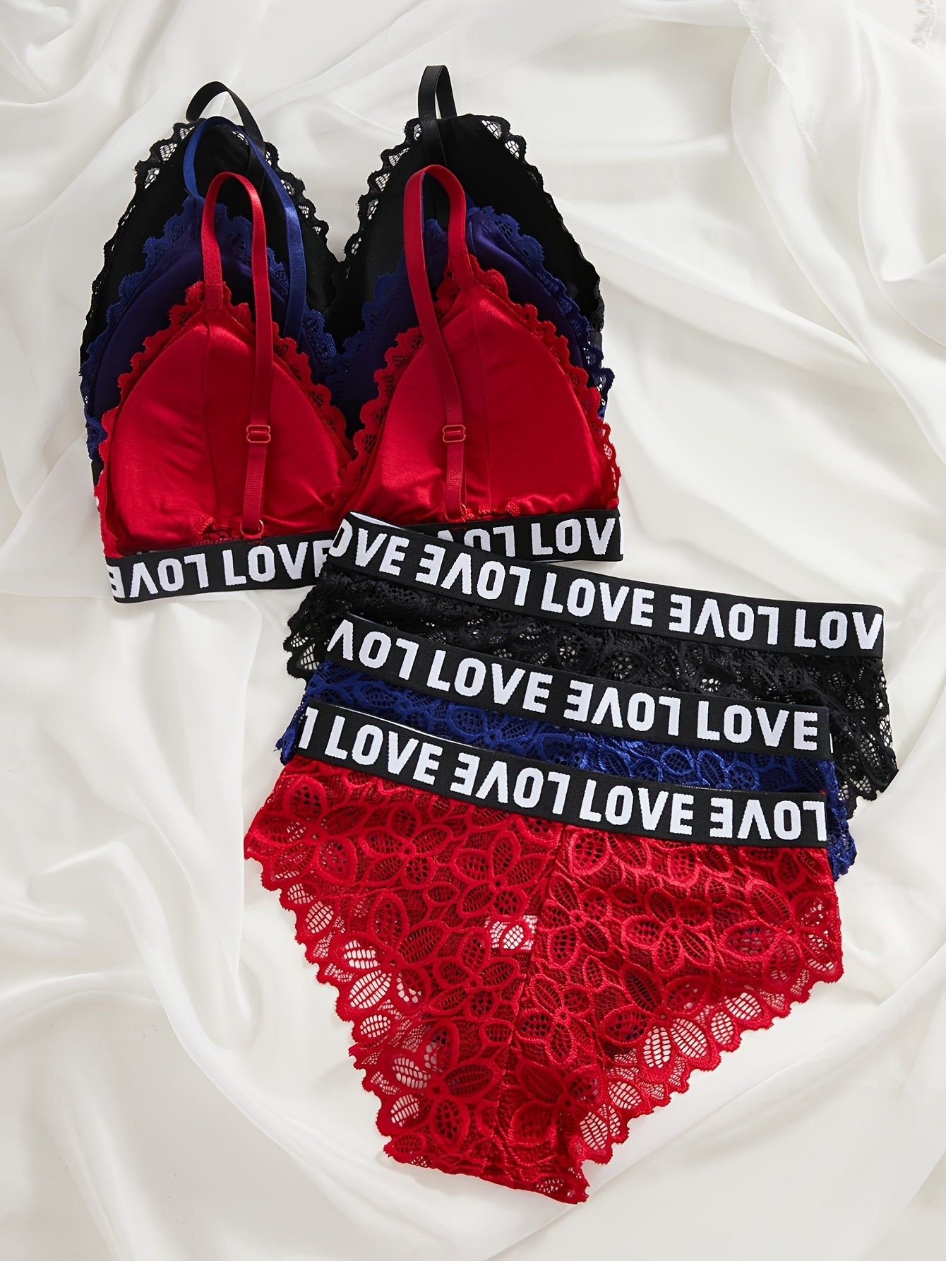 Valentine's Day lingerie set with lace details for women, including bra and panties in contrasting colors.