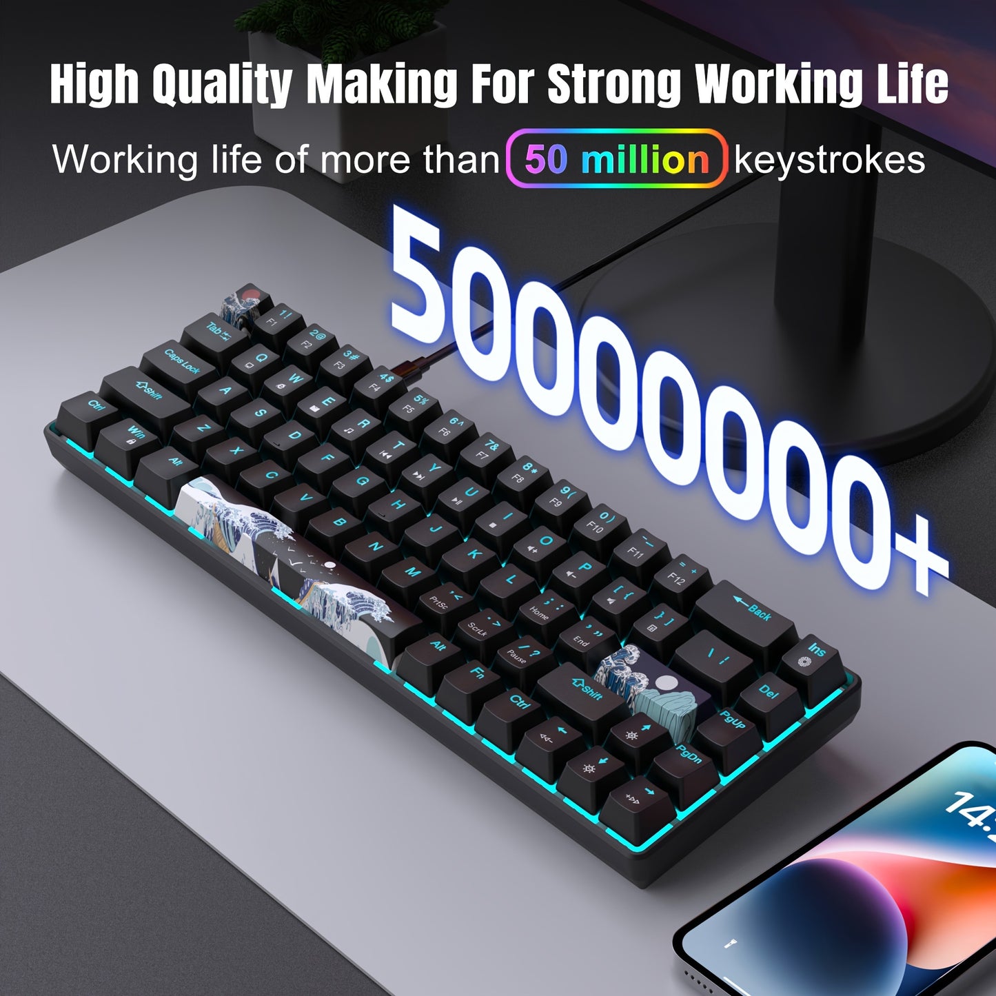 HXSJ ergonomic wired mechanical gaming keyboard with 68 keys, PBT custom dye sublimation keycaps, backlit, USB powered, includes USB cable and keycap puller, for computers/laptops.