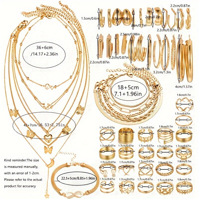 Set of 57 pieces of fashionable metal-style jewelry for women, including necklaces, earrings, bracelets, rings, and anklets. Features wide surface glossy earrings, ring set in a box, twist chain lock bracelet, and daily casual jewelry gift for women