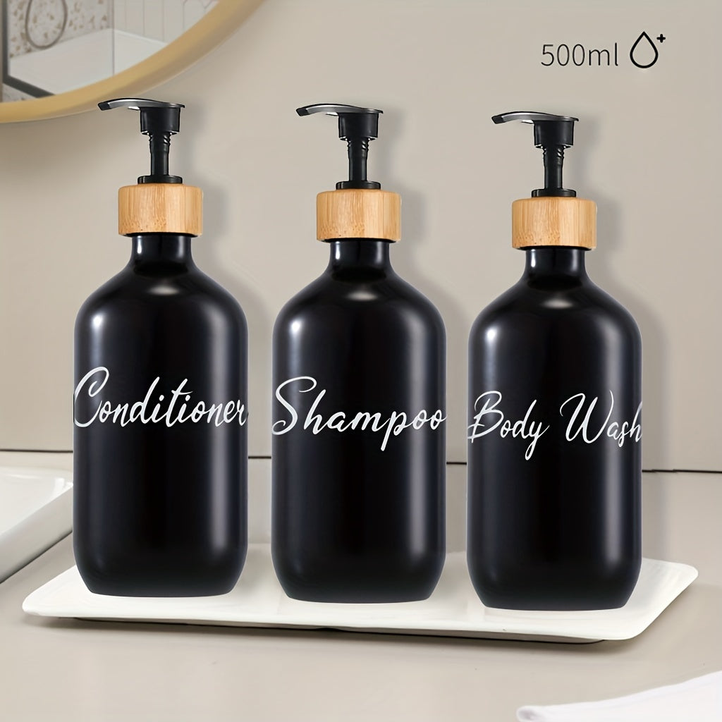 3 black soap dispensers for bathroom shower products, refillable liquid storage containers.