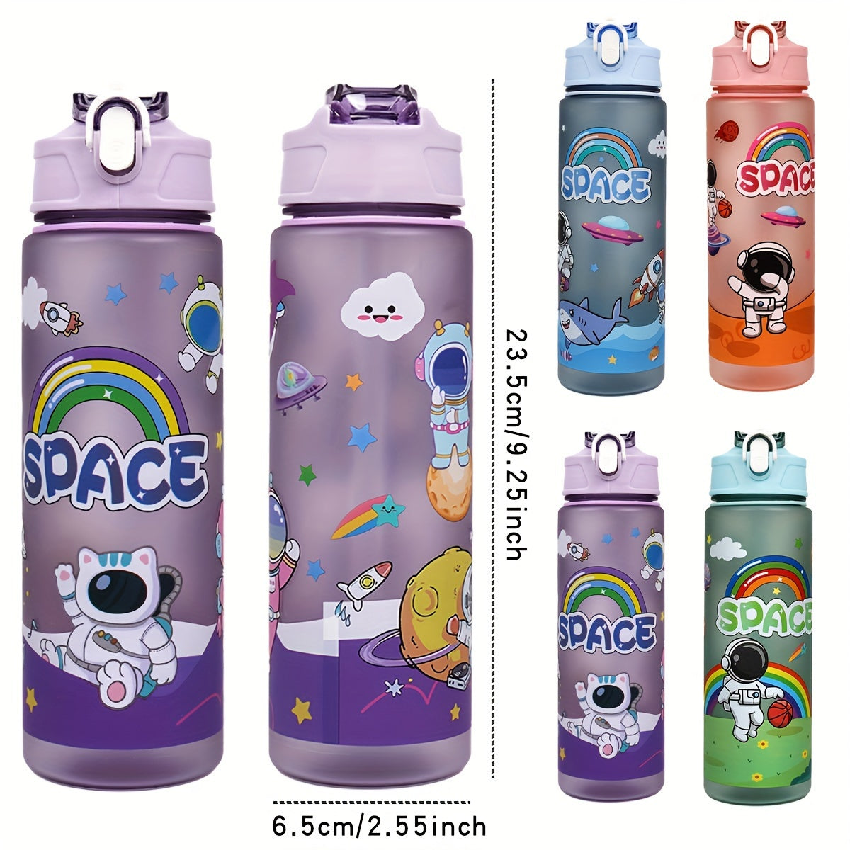 Durable 21oz astronaut water bottle with straw, BPA-free plastic. Ideal for outdoor activities and school with space-themed design.