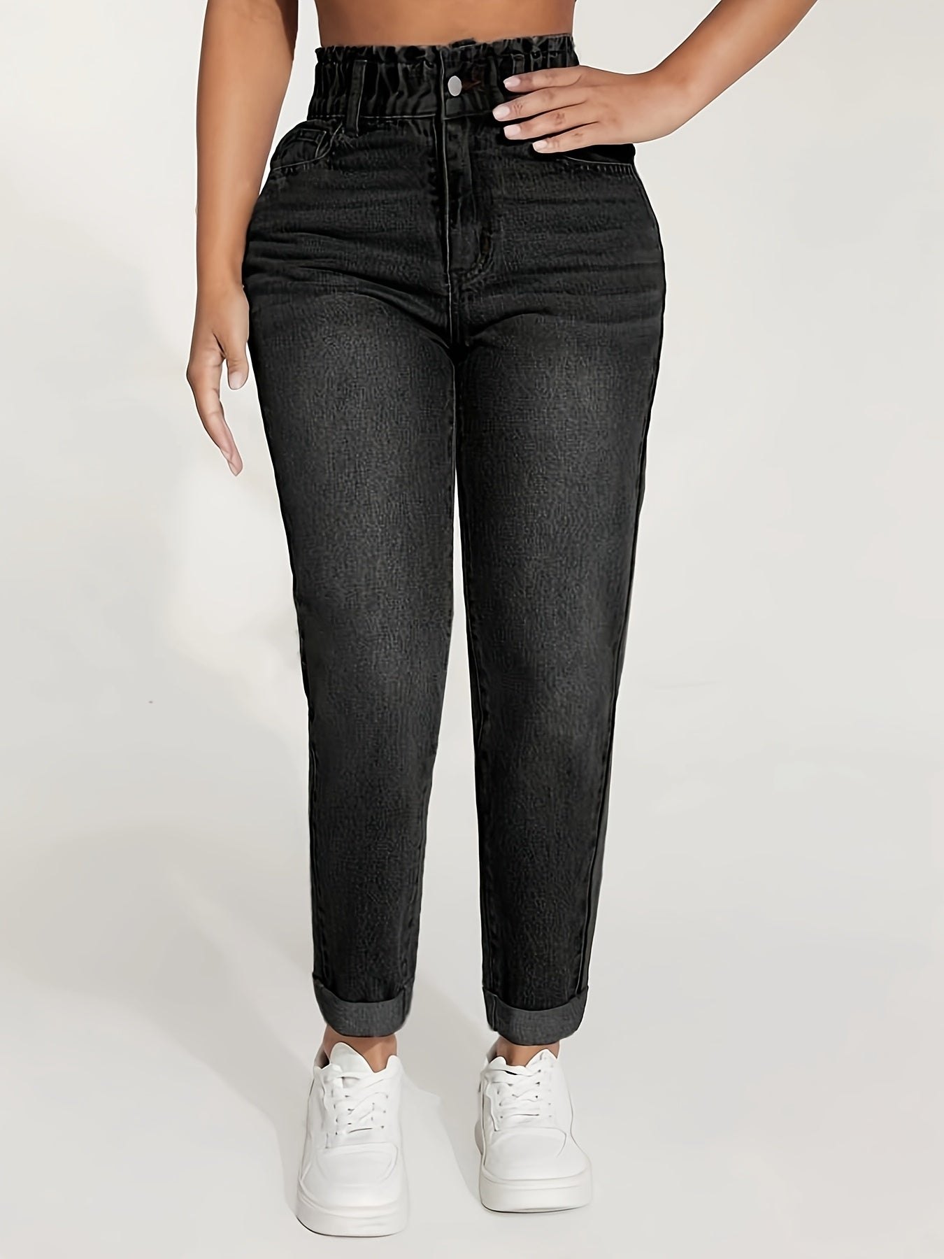 Stretch denim jeans for women with elastic waistband, butt lifting, comfort fit, and machine washable.