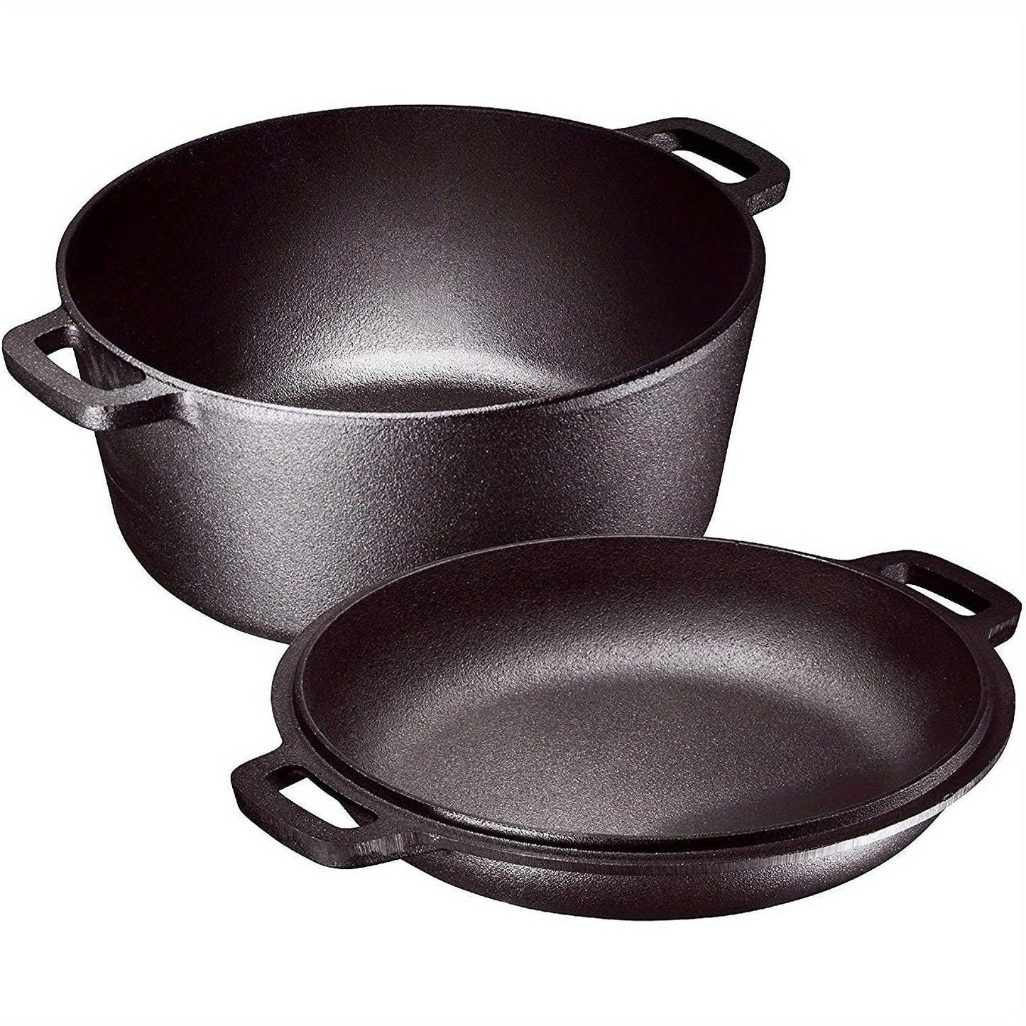 Get the ultimate 2-in-1 cooking versatility with this combo set featuring a high-quality cast iron Dutch oven and frying pan. The frying pan doubles as a lid to cover the Dutch oven, making it perfect for a variety of cooking methods including induction