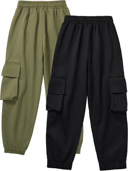 Boys' casual cargo pants with elastic waistband and multi-pocket design in durable polyester, suitable for all seasons and outdoor activities.