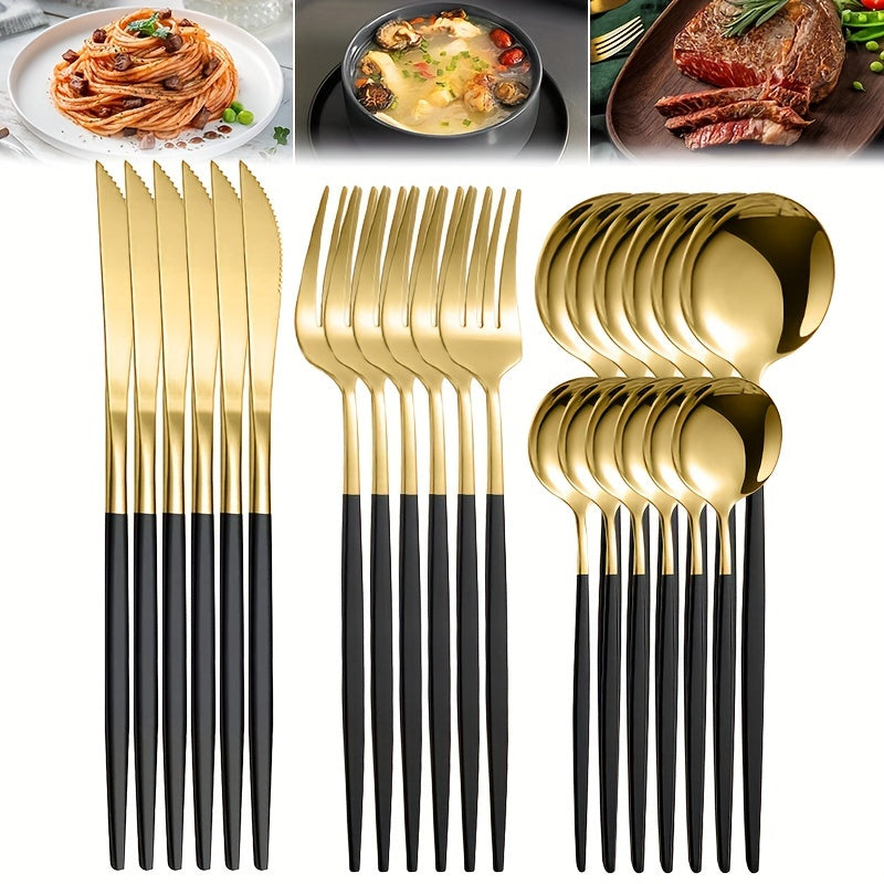 Sleek stainless steel flatware set with a black and golden finish, including knives, forks, and spoons for home, kitchen, or restaurant use. Durable and stylish tableware with varnished craftsmanship, perfect for special occasions like Christmas