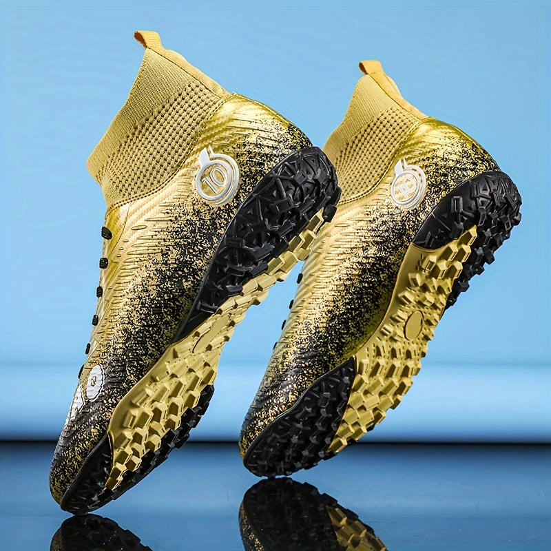 Men's high top turf football boots, outdoor anti-skid, breathable lace-up TF soccer cleats.