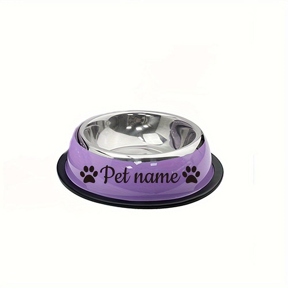 Custom stainless steel dog bowl with non-slip base for small, medium, and large dogs. Personalize with pet's name for food and water.