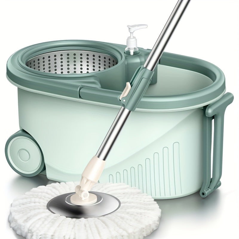 Spin Mop and Bucket Set includes 3 pieces, featuring a 360° rotating mop system with an ultrafine fiber mop head and adjustable stainless steel handle. Perfect for cleaning living rooms, bedrooms, and bathroom floors.