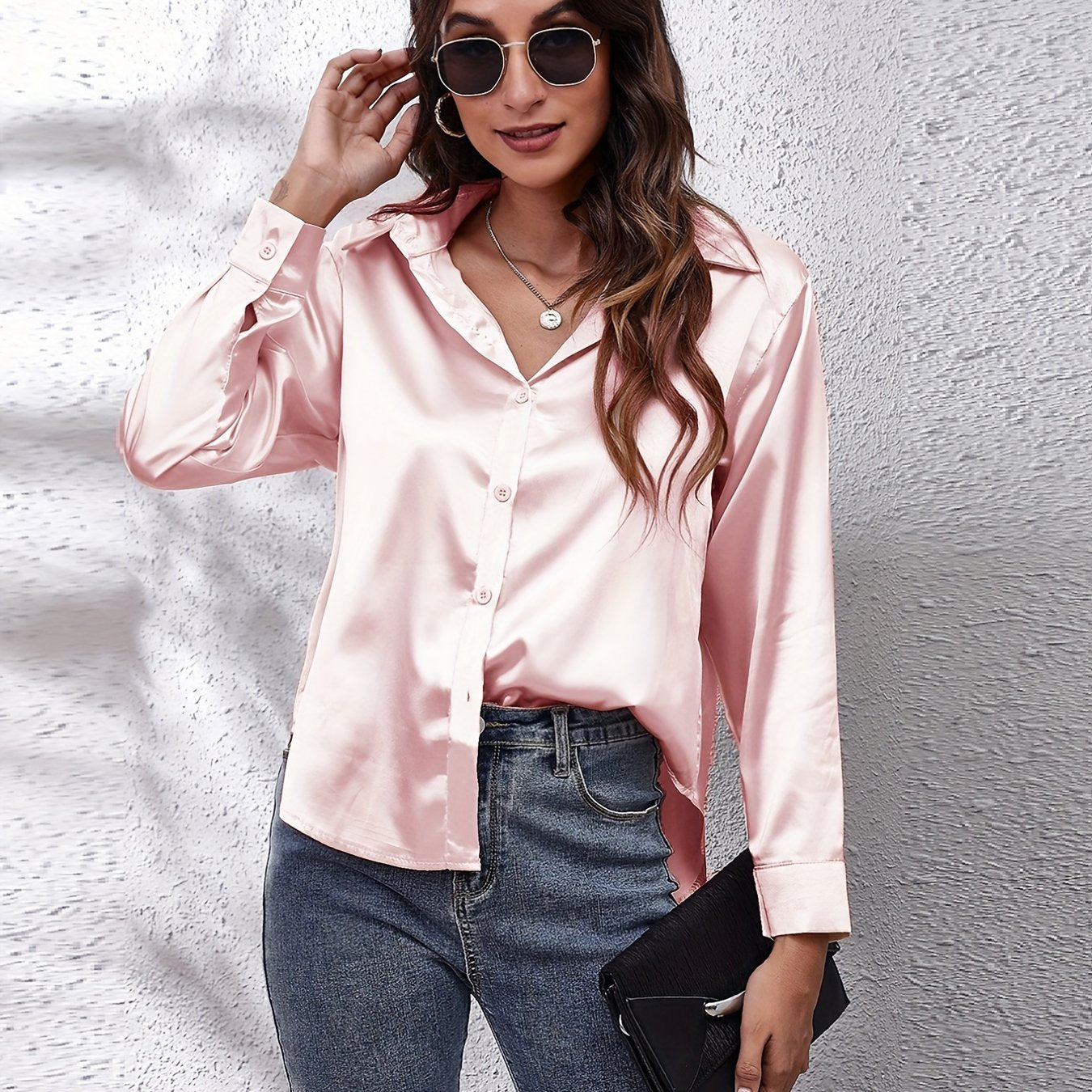 Women's Elegant Satin Shirt with Lapel Collar, Polyester, Solid Color, Regular Length, Single Breasted