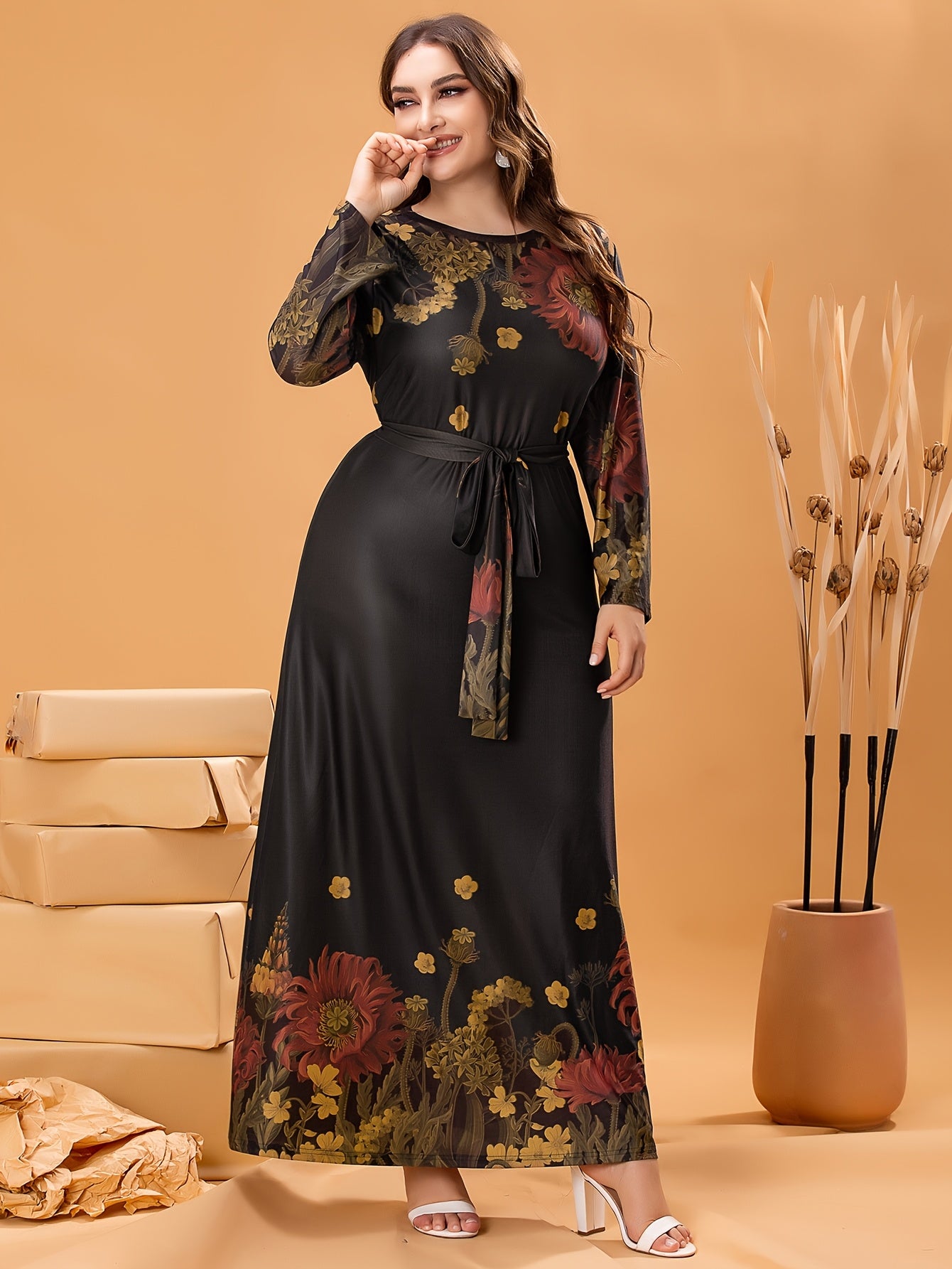 Elegant plus size floral print dress with belt, stretchy polyester, long sleeves, round neckline, A-line silhouette, machine washable, perfect for all seasons, casual outdoor wear.