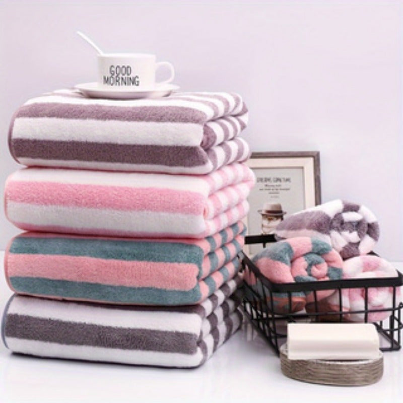 1 Quick-Dry Plush Coral Fleece Towel, Absorbent, Comfortable, Modern Stripe Design, Ideal for Home & Travel