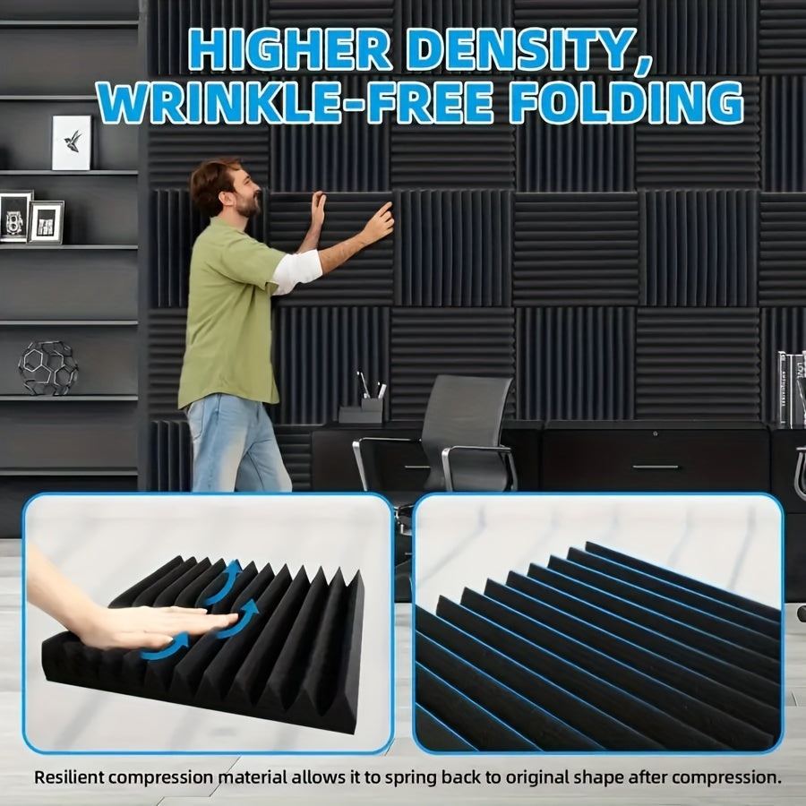 Box of 12 black acoustic foam panels measuring 2.54cm x 30.48cm x 30.48cm for sound absorption in studios and home offices. Fire-resistant and reduces reverb and echoes. Improves acoustic