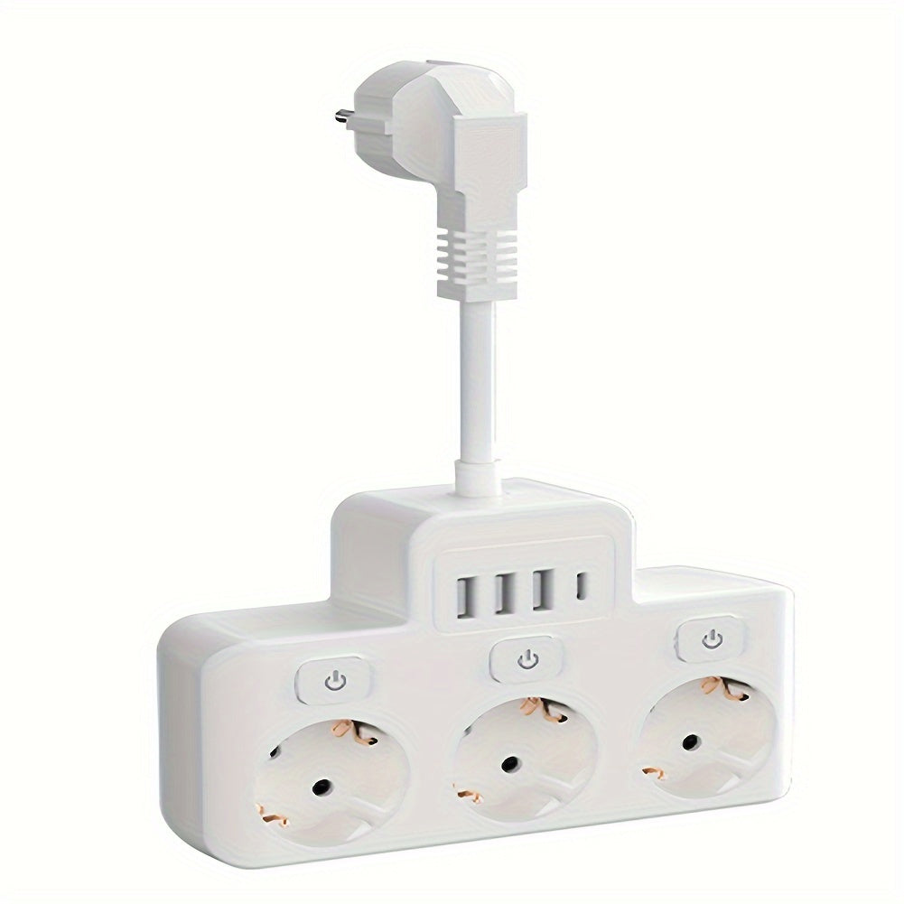 Power strip with 4 AC outlets, 4 USB ports, individual switches, and short cord for home, office, and travel use.