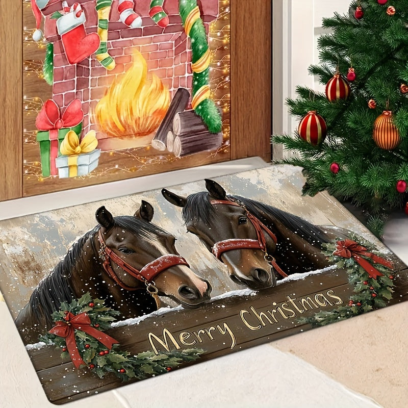 Festive Holiday Christmas Horse Doormat for Kitchen or Living Room - Non-Slip, Washable, Water-Resistant, Lightweight, Machine Made with Flat Woven Polyester and Low Pile Texture