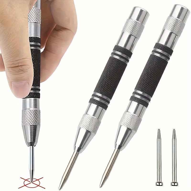 Heavy duty automatic center punch with 2 extra bits, adjustable tension, and rustproof polished steel construction. Suitable for metal, wood, glass, and ferrous materials.