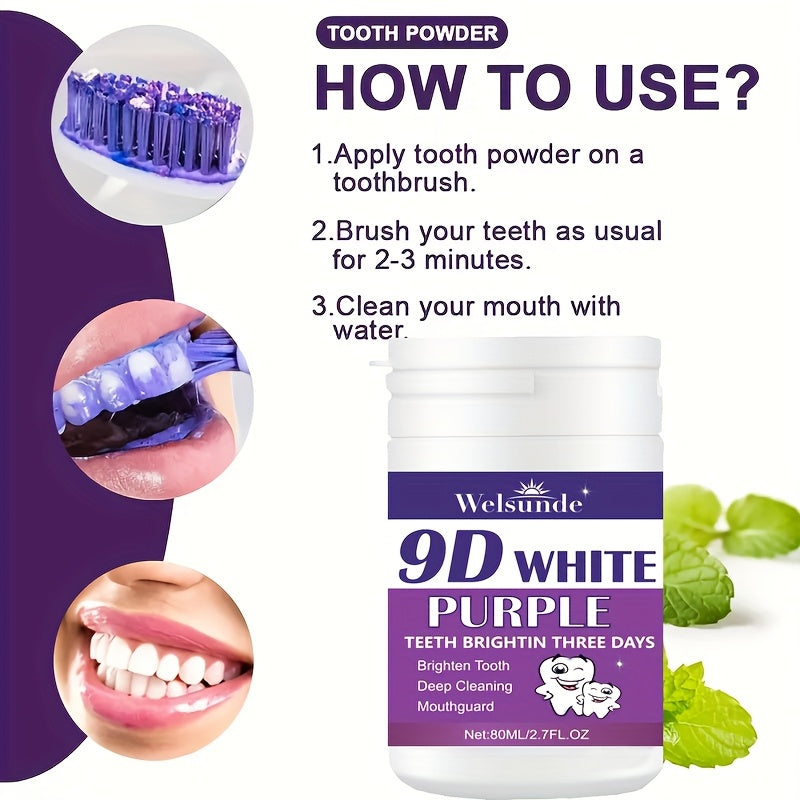 1pc Welsunde 9D White Teeth Whitening Powder: Alcohol-Free, Deep Cleaning, Brightening, 3-Day Whitening Solution.