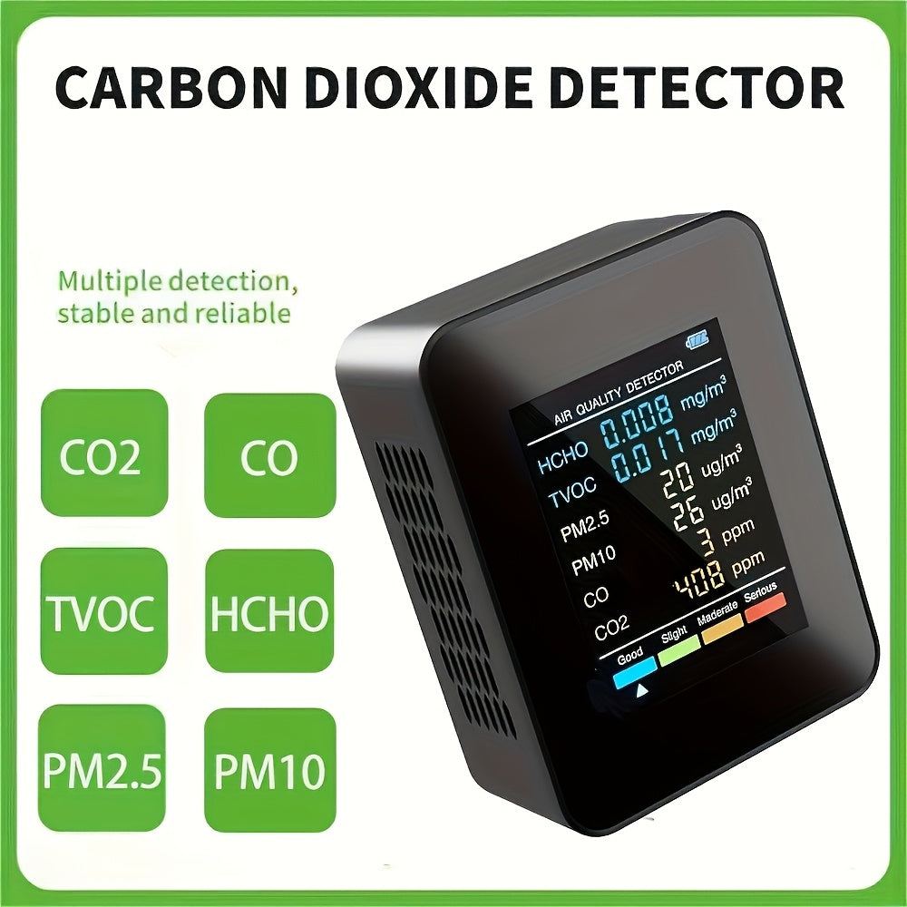 Air quality detector with 6 detection functions: Carbon Dioxide, PM2.5, PM10, HCHO, TVOC, CO. LCD display with Carbon Dioxide sensor.