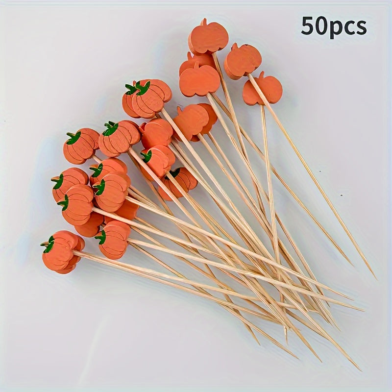 50 bamboo cocktail picks for appetizers and fruit skewers, featuring decorative leaves, pumpkins, and acorns. Perfect for Thanksgiving, Halloween, Christmas, Easter, and parties.