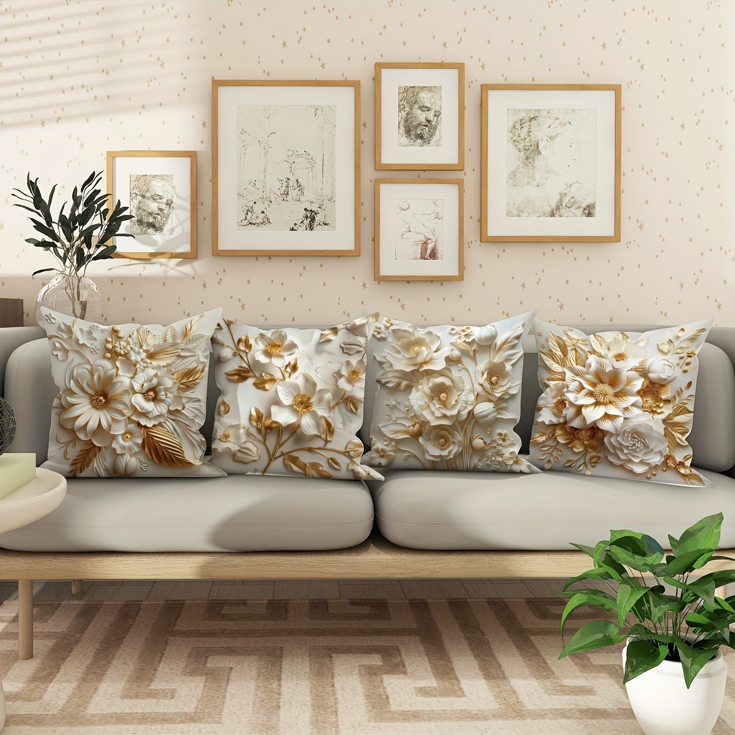 4 velvet throw pillow covers with 3D floral design in white gilt, measuring 45.72*45.72 cm, perfect for summer and autumn living room or bedroom sofa bed decoration.