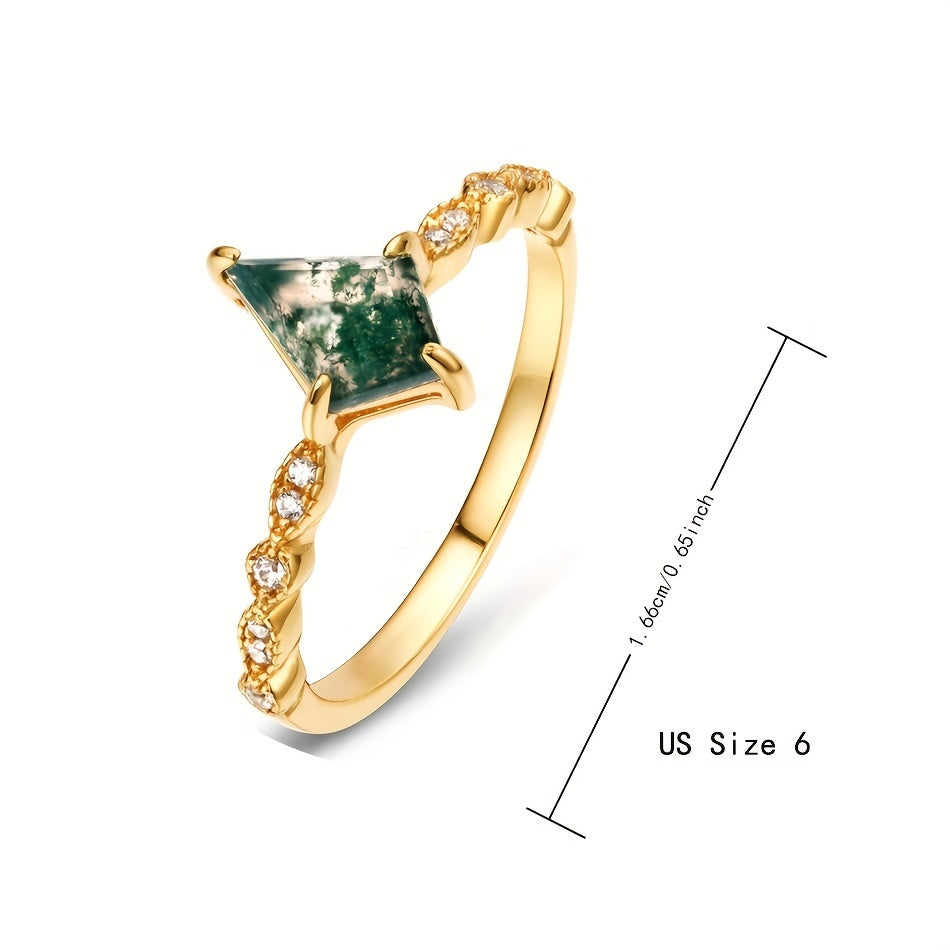 925 Silver Ring with Green Moss Agate Stone for Women, featuring a 6*9mm stone with Water Grass Agate. This European and American light luxury finger ring is gold-plated and weighs 1.49g.