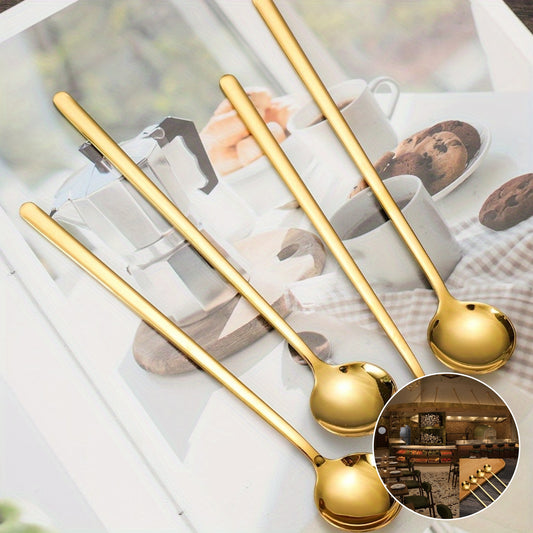 4-piece set of elegant long-handled stainless steel spoons in golden-tone, perfect for coffee, tea, and desserts. Ideal for Eid al-Adha Mubarak celebrations.