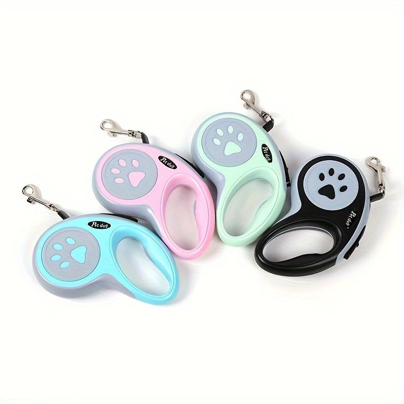 Durable polyester retractable dog leash featuring paw print design, ideal for dogs. Easy to use and store.