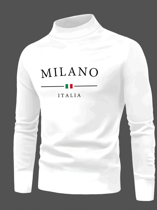 Slim fit high neck long sleeve t-shirt in polyester-elastane blend, featuring Milano Italy print for teens in the Fall Collection. Casual weekend tee.