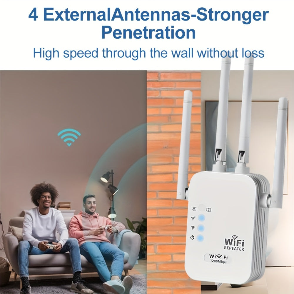 Momotor 1200Mbps WiFi signal booster with 4 antennas provides full coverage, eliminates dead spots, and extends WiFi range for home and office use. Includes Ethernet port for added