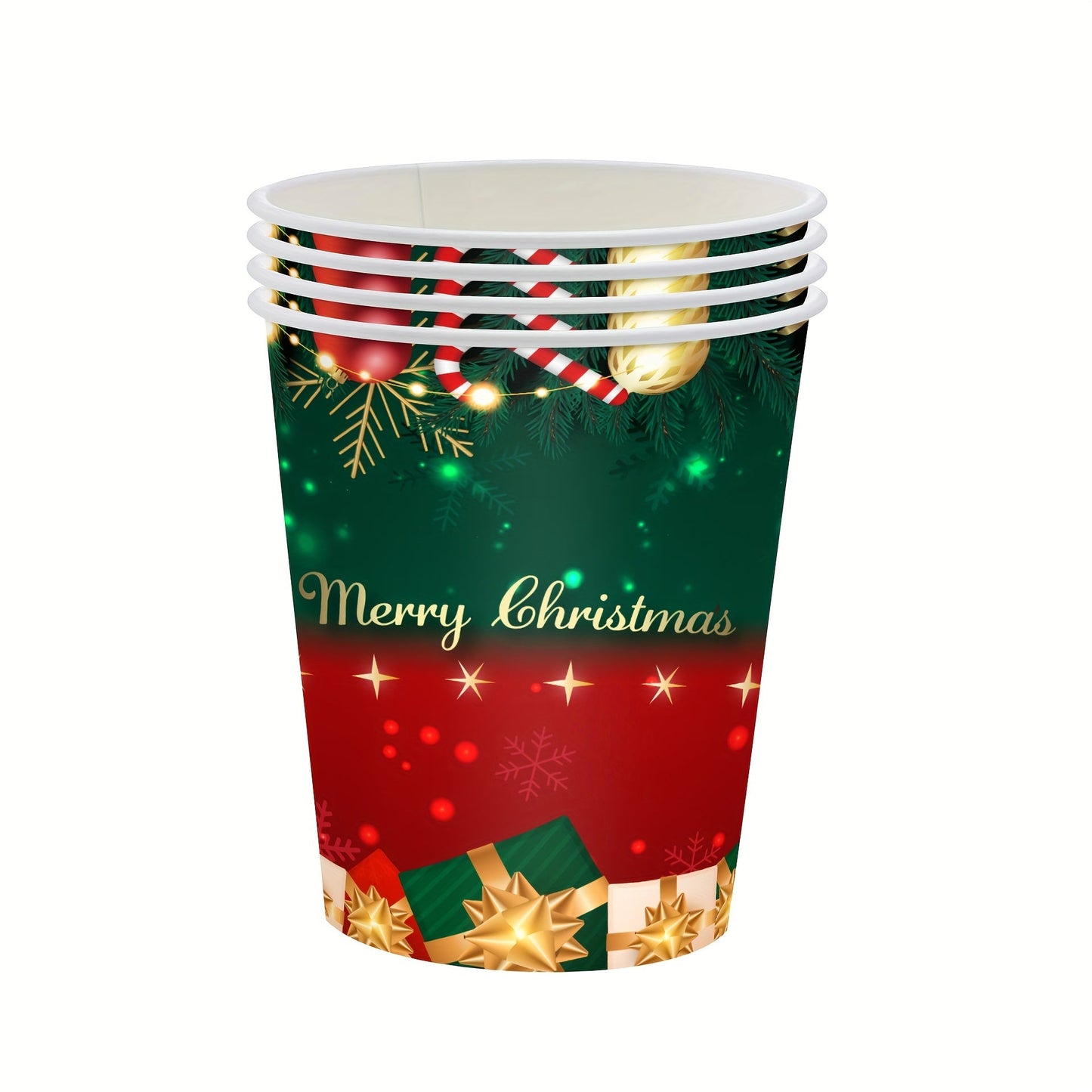 80 pieces of red and green Christmas party supplies including merry Christmas paper plates, napkins, cups, and tableware set. Christmas tree dinnerware set for holiday parties and Christmas party decorations.