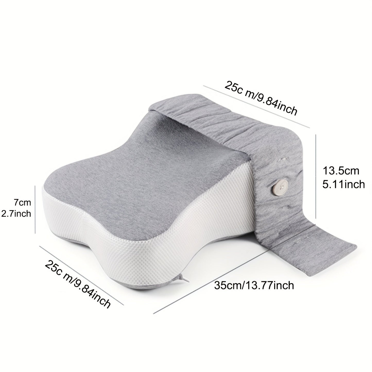 Memory foam knee pillow designed to promote proper body alignment and separate the knees for a more comfortable sleep. Perfect for side sleepers, this leg spacer pillow helps relieve back and knee pain. It is soft and comes with a strap for easy