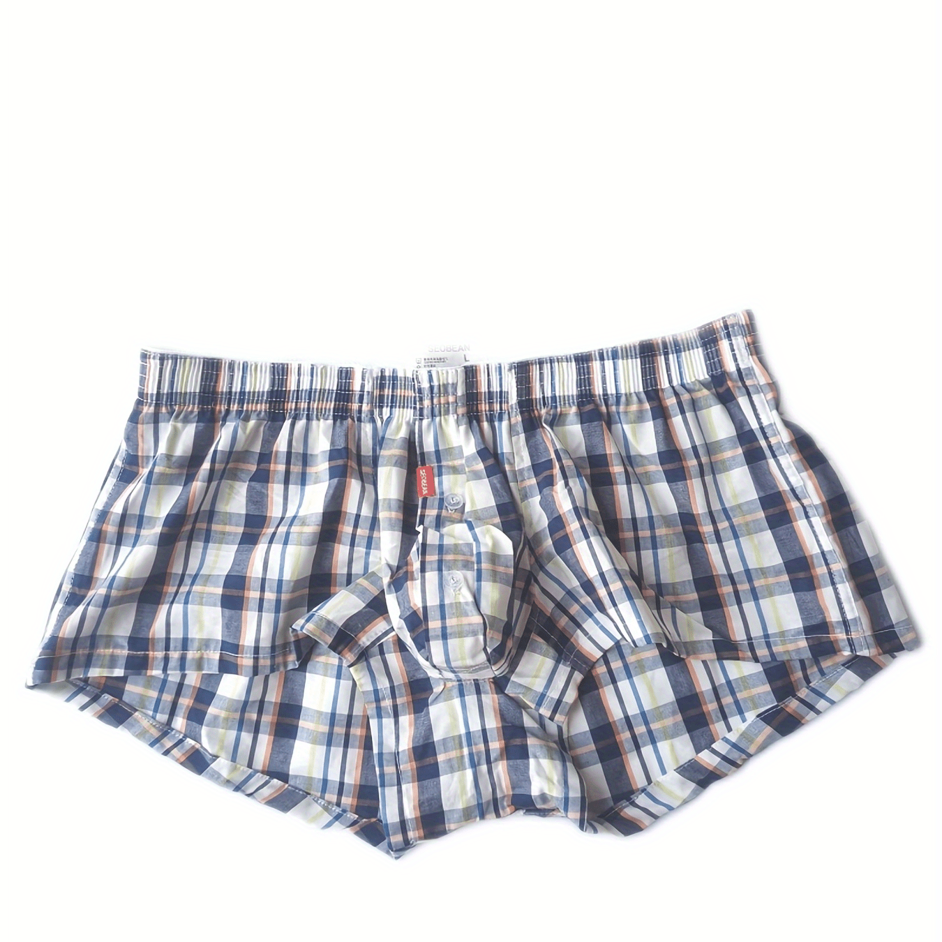 Men's flat corner underpants with front button opening, made of thin pure cotton, low waist sexy plaid shorts.